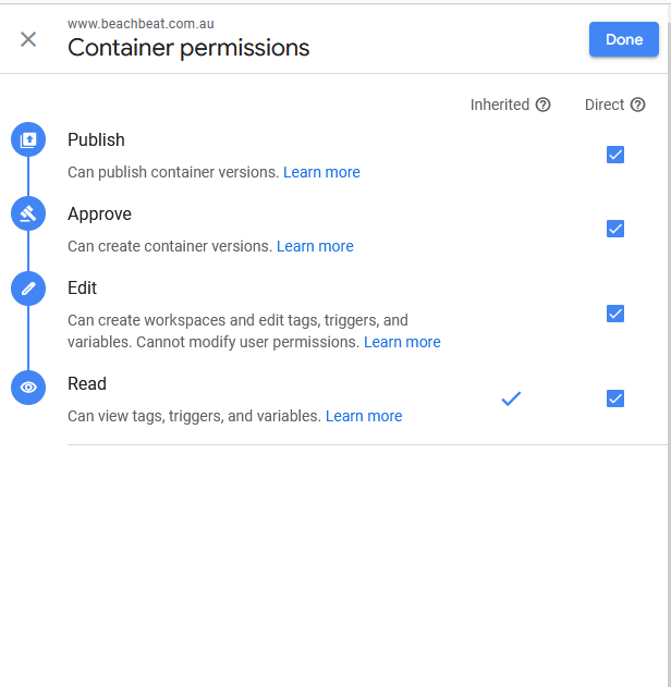 Tick the Administrator level or permission change the permission level on the container to Publish