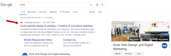 Kook Paid Search results on Google